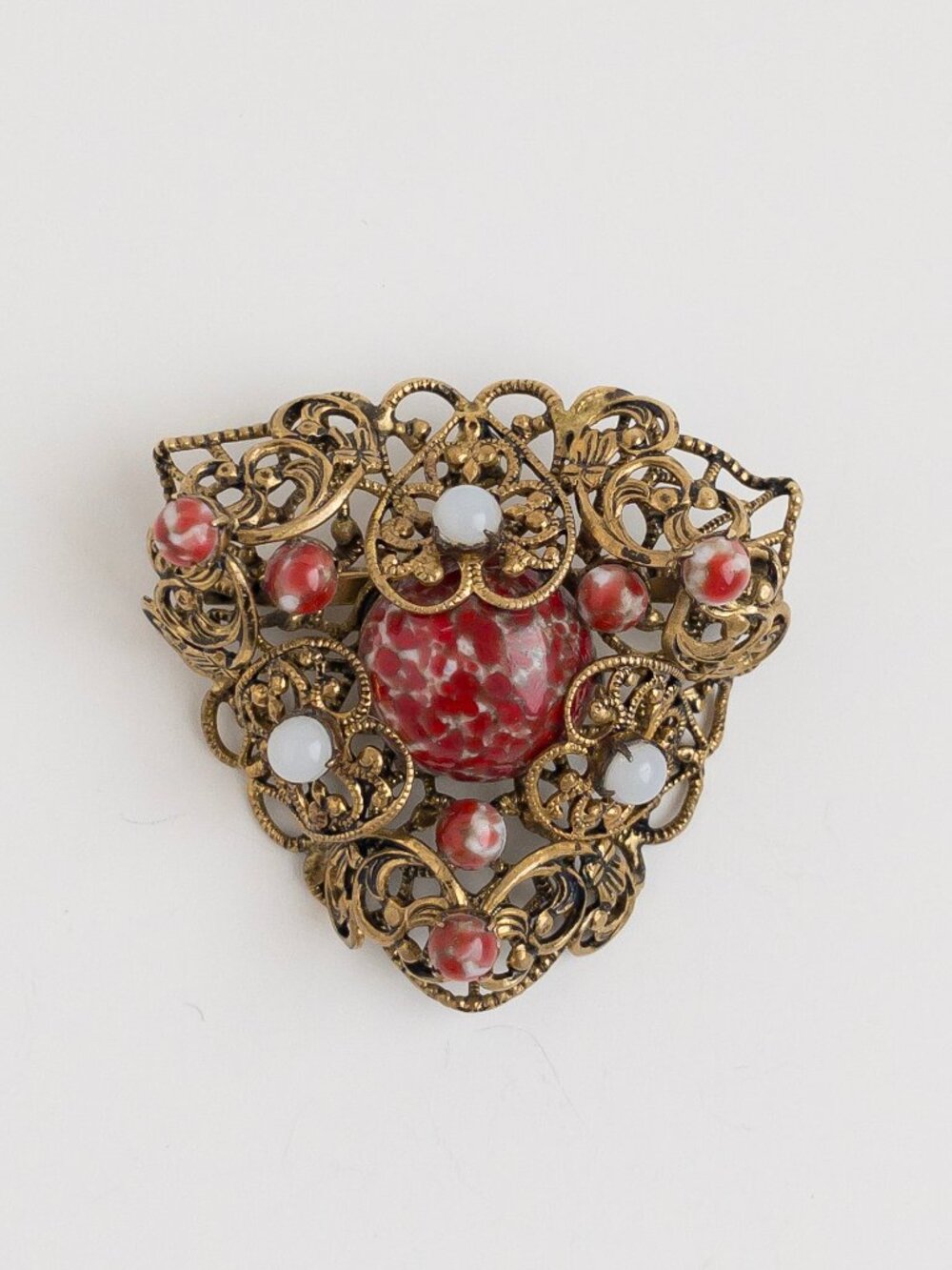 Vintage Gold Tone Filigree Brooch Red White Mottled Glass Cabochon Pin